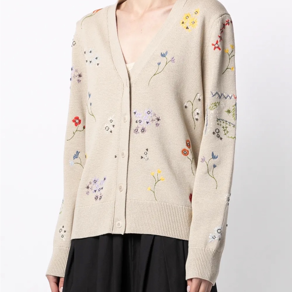 Tory Burch Beige Embroidered and Beaded Cardigan